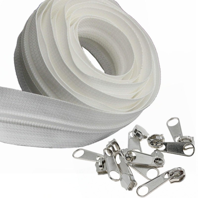 Leekayer #5 White Nylon Coil Zippers by The Yard Bulk 10 Yards with 25pcs Silver Sliders for DIY Sewing Tailor Craft Bag(White) - Image 1